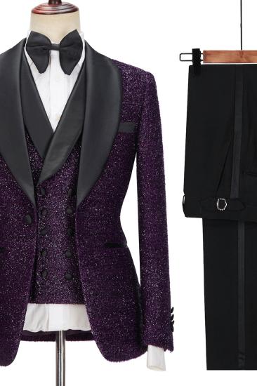 Caleb Bespoke Dark Purple Glitter Shawl Lapel Three Piece Men Suit_5