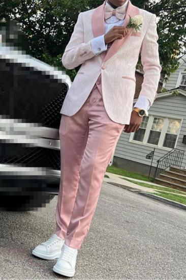 Fashion Pink Shawl Lapel Jacquard Three Pieces Prom Men Suit_2