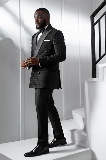 Brady Stylish Black Houndstooth Peaked Lapel Double Breasted Two Pieces Prom Suits_2