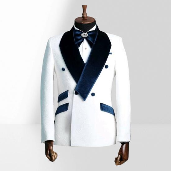 White Jacquard Men Two Piece Groom Suit | With Dark Blue Velvet Collar_2