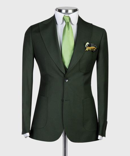 Chic dark green pointed lapel three-piece business men's suit_3