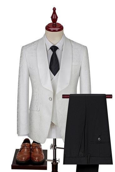 White Shawl Bollar Men Jacquard Three Piece Suit | Men Wedding Suits_1