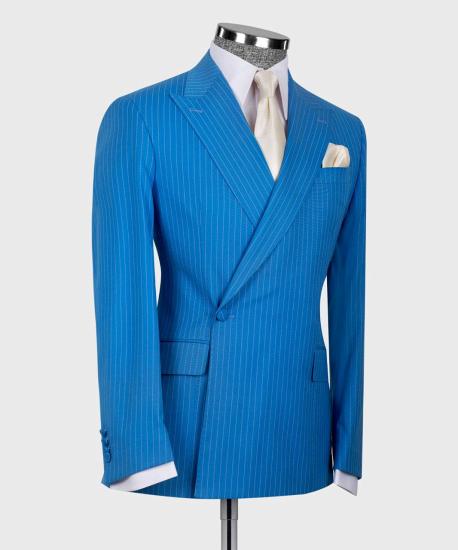Blue Stripe One Button Fashion Slim Fit Simple Business Suits_2