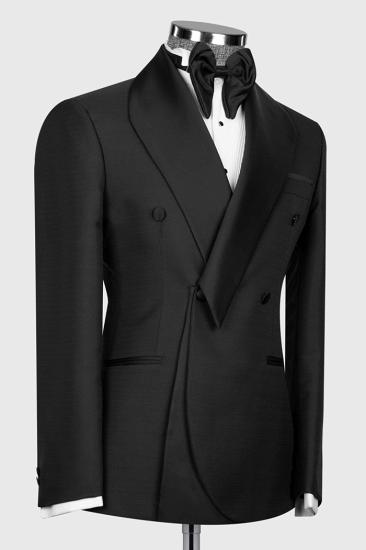 Black Shawl Lapel Double Breasted Wool Linen Blend Two Pieces Wedding Suits_2