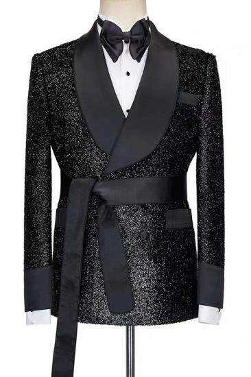 Billy Shiny Black Men Robe Suit Shawl Collar Two Piece | Belted Wedding And Prom Suit_1