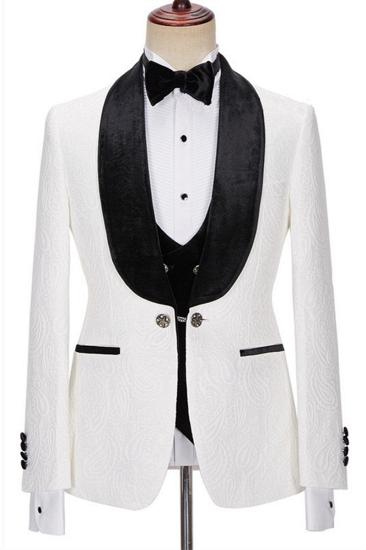 New White Jacquard Three Piece Wedding Men Suit With Velvet Lapel