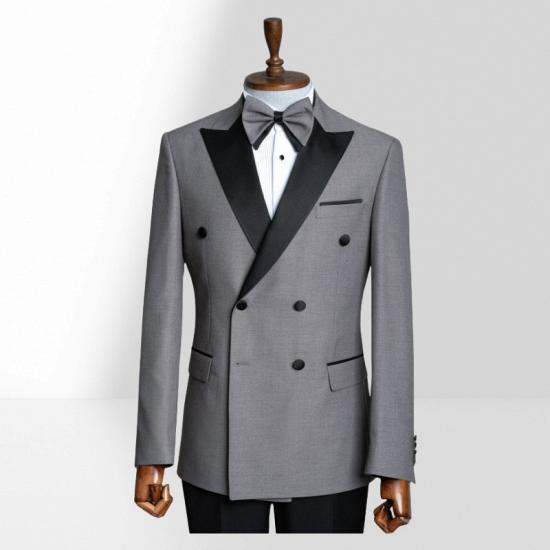 Stylish Grey Peak Collar Double Breasted Men Peak Collar Two Piece Wedding Suit_3