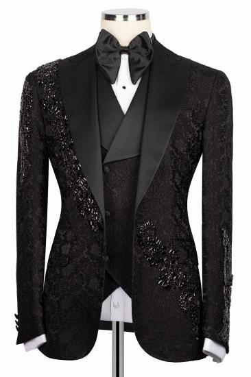 Luxury Black Crystals Three Piece Jacquard Prom Suits Wedding Tuxedo_2