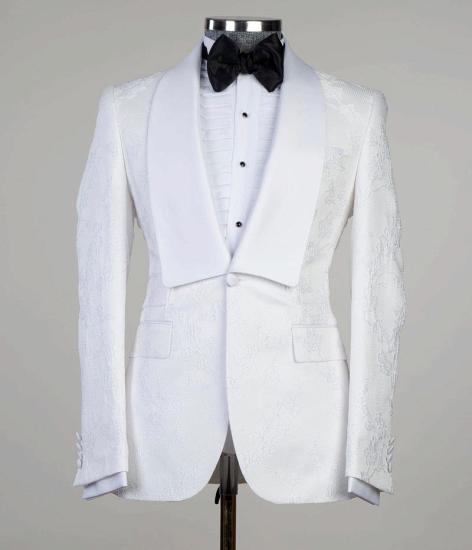 White Jacquard Shawl Lapel Three Piece Men Wedding Suit_4