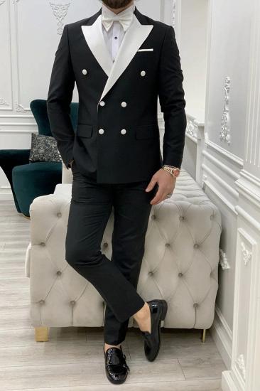 Handsome Black Peaked Collar Double Breasted Men Two Piece Suit_2