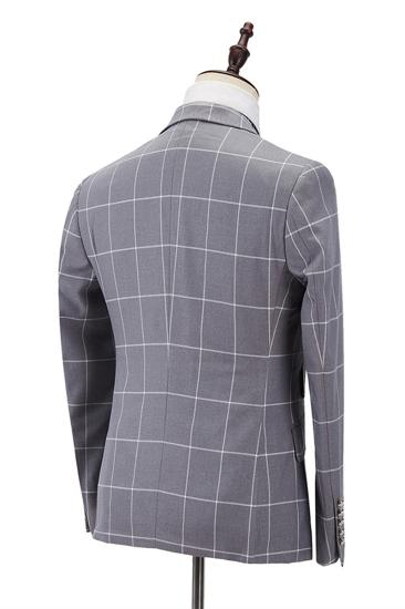 Gray Plaid Lapel Double Breasted Men Business Suit Two Piece_3