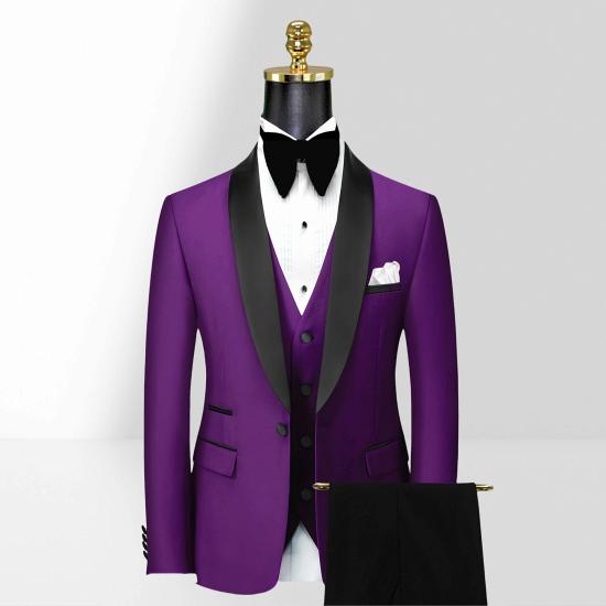 Purple Slim Shawl Collar Mens Three Piece Tuxedo Suit | Black Pants_4