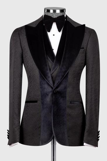 Black Jacquard Wedding Suit with Black Peak Collar Velvet Groom Three Piece Suit