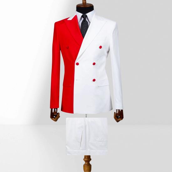 Red And White Double Breasted Peak Collar Slim Mens Two Piece Suit_2