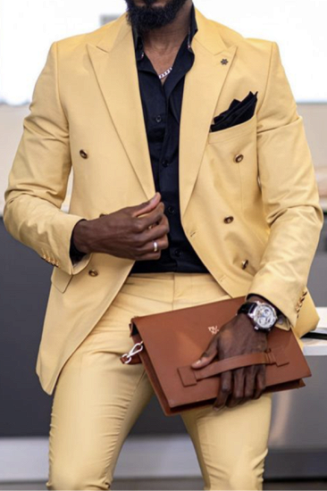 Yandel New Yellow Double Breasted Point Lapel Mens Suit_2