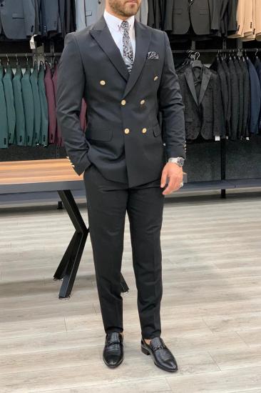 Black Slim Fit Wool Blend Men Double Breasted Two Piece Suit | Metal Buttons With Silk Lining_1