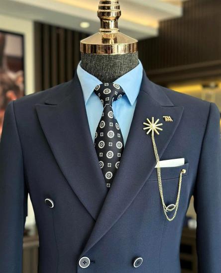 Italian Simple Navy Blue Pointed Collar Double Breasted Two Piece Slim Fit Suits_3