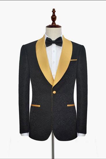 Gold Shawl Lapel One Button Wedding Tuxedo |  Black Jacquard Ball Suit_2