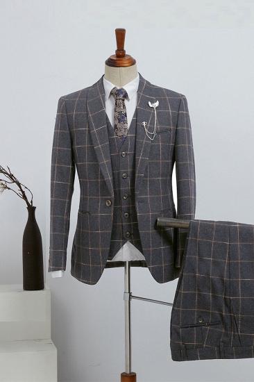 Barlow Stylish Dark Grey Plaid 3 Piece Slim Fit Custom Business Suit_1