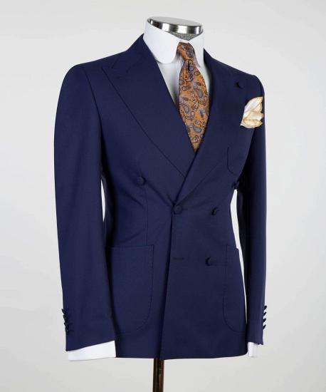 Dark Navy Double Breasted Peaked Lapel Close Fitting Stylish Men Suits_4
