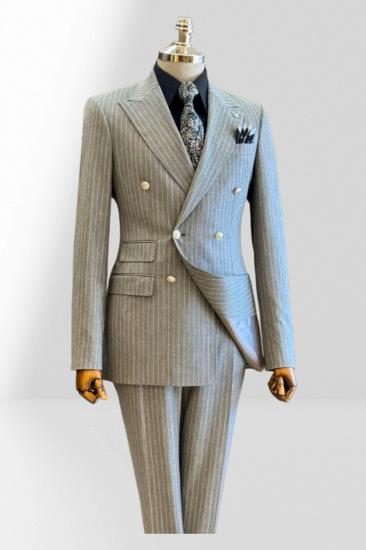 Claire Grey Striped Double-Breasted Pointed Collar Two Piece Wool Business Suit_2