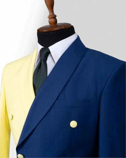 Yellow And Dark Blue Double Breasted Shawl Collar Slim Mens Two Piece Suit_2