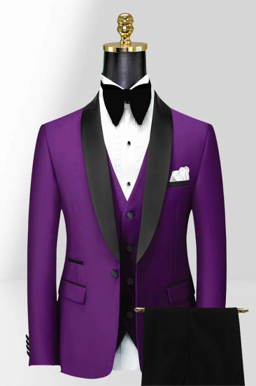 Purple Slim Shawl Collar Mens Three Piece Tuxedo Suit | Black Pants_1