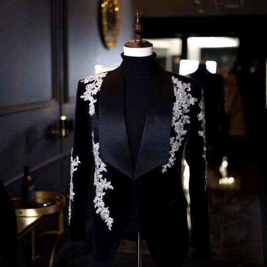Luxury Black Velvet Tuxedo Jacket with Silver Floral Embroidery for Men - Perfect for Weddings & Prom & Formal Events_2
