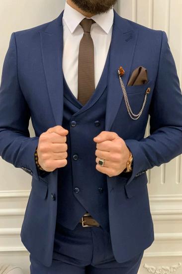 Navy Blue Slim Fit Wool Blend Single Button Mens Three Piece Suit_6