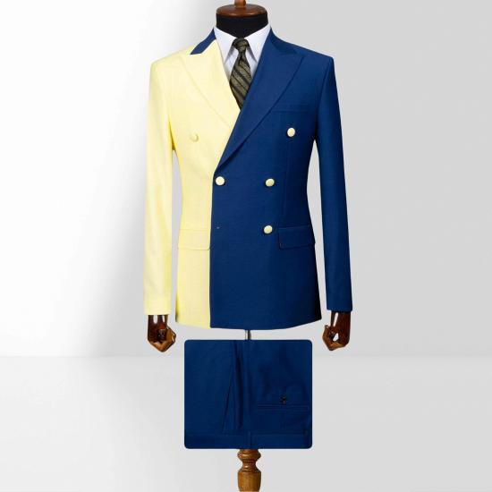 Yellow And Dark Blue Double Breasted Peak Collar Slim Mens Two Piece Suit_2