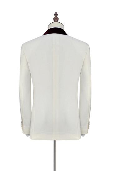 Velvet Shawl Collar White Wedding Tuxedo |  Burgundy Tank Top Three Piece Wedding Suit_3