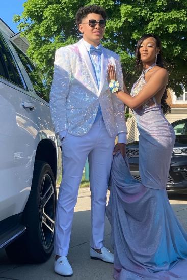 Evan Fashion White Sequins Shawl Lapel One Button Two Pieces Prom Suits_1