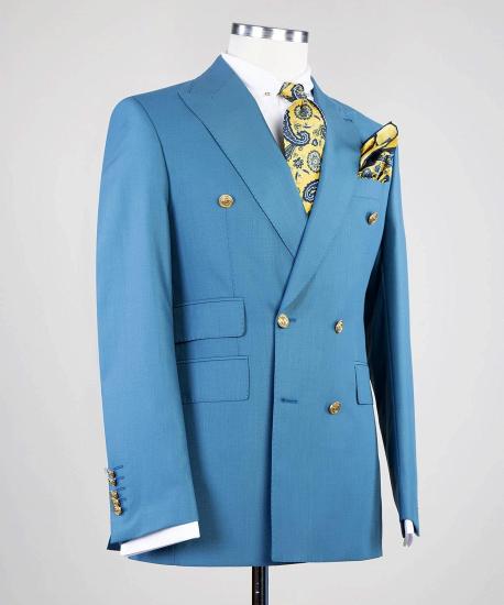 Modern Blue Double Breasted Point Collar Business Men Suits_2