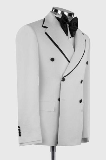Men’s White Double-Breasted Peak Lapel Jacquard Tuxedo Suit with Black Piping for Wedding & Prom_2
