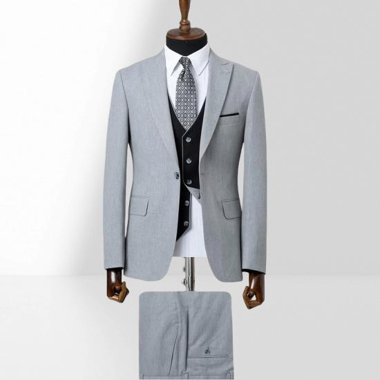 Light Gray Single Breasted Groom Three Piece Wedding Suit With Black Vest_2