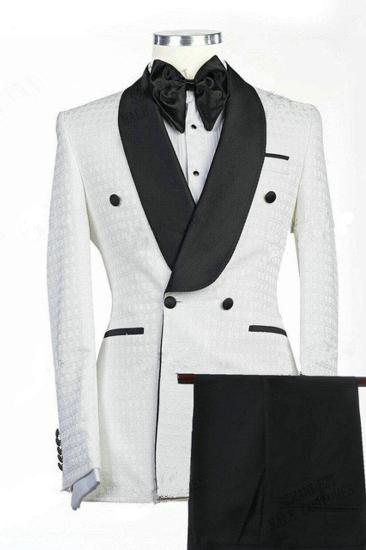 Drew White Jacquard Double Breasted Shawl Lapel Wedding Groom Suit_1