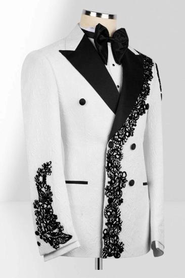 Men's White Double-Breasted Tuxedo with Black Lace Embroidery Two Piece Prom Suit_2