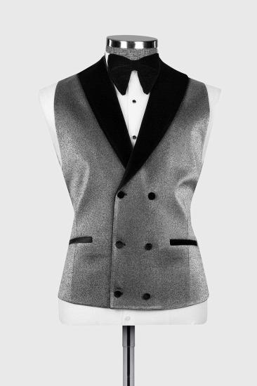 Grey Jacquard Wedding Suit with Black Velvet Groom Three Piece Suit_4