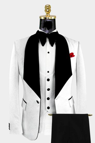 Dillon White Three Piece Fashion Jacquard Shawl Lapel Wedding Suit Set_1