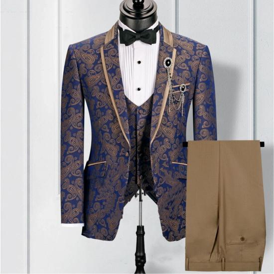 James Blue And Gold Cashew Flower Men Three Piece Prom Dinner Suit_2
