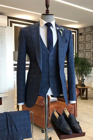 Frederic Blue Check 3 Piece Point Lapel One Button Formal Business Suit_1