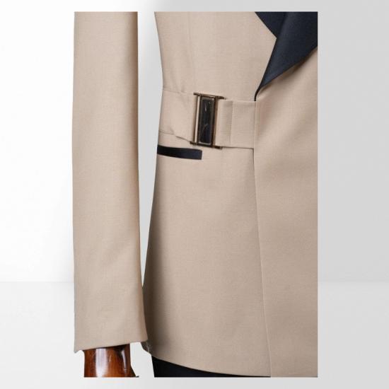 Stylish Khaki Shawl Collar Two Piece Suit | With Adjustable Metal Buttons_4