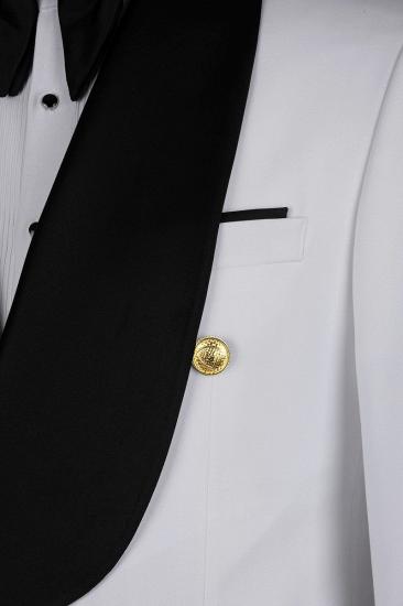 White Double Breasted Flap Wool Blend Shawl Collar Men Wedding Suit | Gold Buttons_3