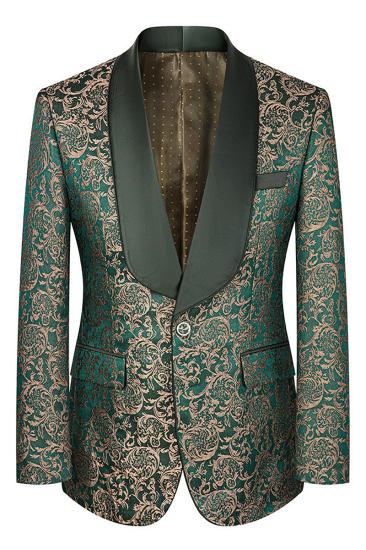 Green Shawl Bollar Men Jacquard Three Piece Suit | Men Wedding Suits_2