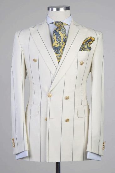 Don Formal White Stripe Double Breasted Peaked Lapel Business Suits_1
