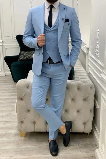Brady Sky Blue Peak Collar Men's Slim Fit Three Piece Prom Suit_1