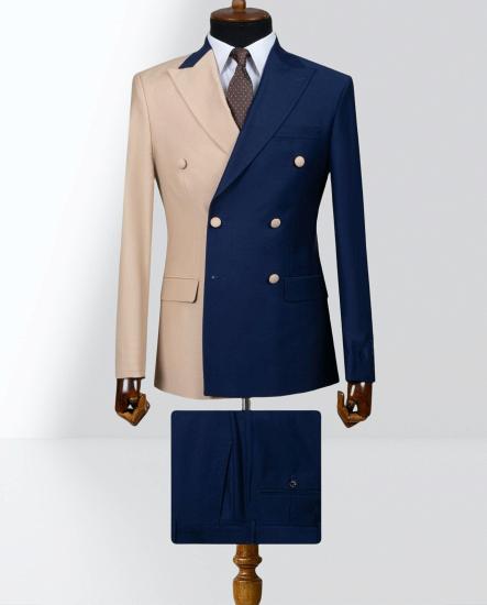 Champagne And Navy Blue Double Breasted Peak Collar Slim Mens Two Piece Suit_2