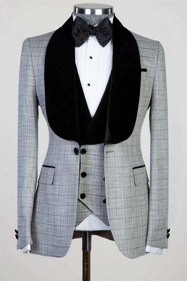 Bespoke Gray Plaid Three Pieces Men Suits for Wedding_1