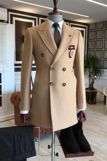 Ingram Light Khaki Pointed Lapel Double-Breasted Slim Fit Wool Coat