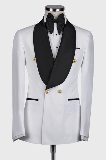 White Double Breasted Flap Wool Blend Shawl Collar Men Wedding Suit | Gold Buttons_1